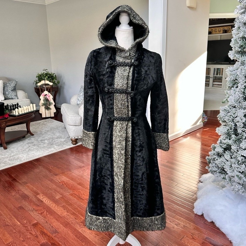 Vintage Hutzlers Baltimore Faux Fur Black Unique Hooded Trench Coat